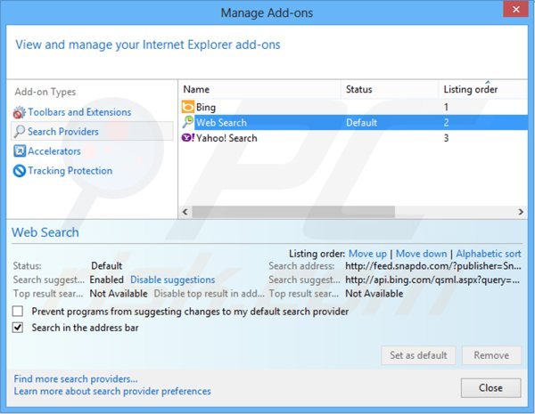 Rimuovere feed.snapdo.com dal motore di ricerca di Internet Explorer 