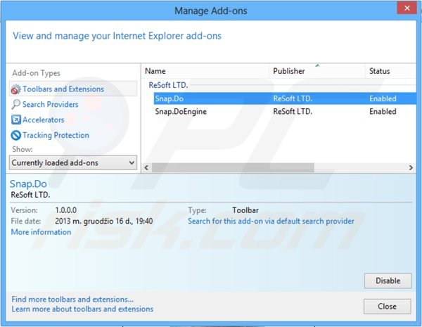 Rimuovere snapdo.com dalle estensioni di Internet Explorer 