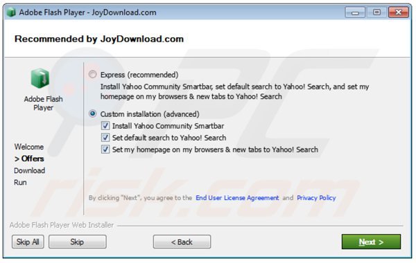 Installer subdolo usato nella distribuzione di Yahoo Community Smartbar adware: