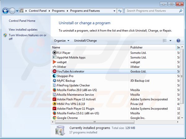 Rimuovere Youtube Accelerator attraverso il Control Panel