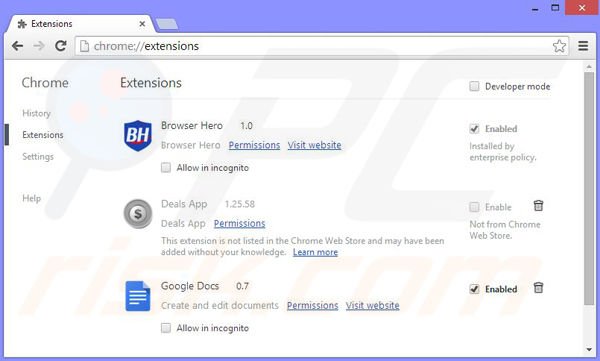 Rimuovere Browser Hero da Google Chrome step 2