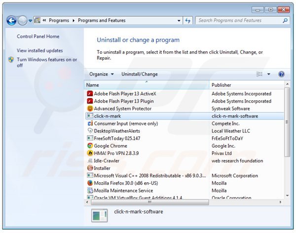 clicknmark adware rimozione dal pannello di controllo