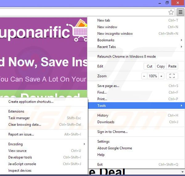 Rimuovere Couponarific ads da Google Chrome step 1