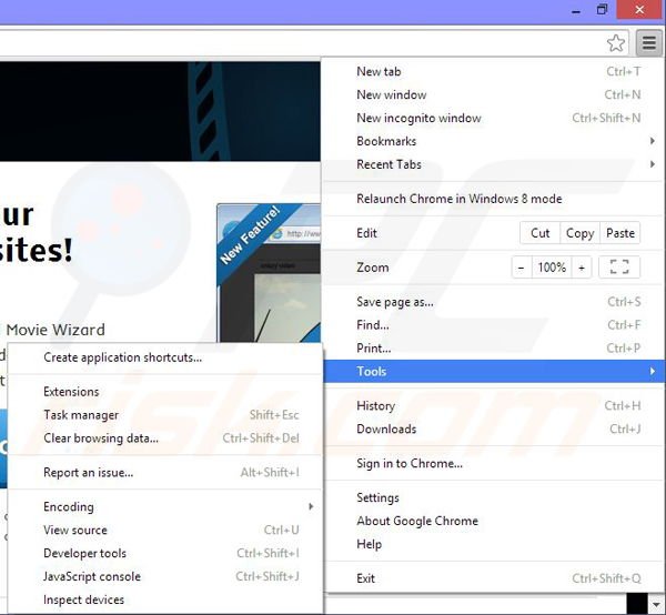 Rimuovere Movie Wizard da Google Chrome step 1