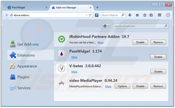 Rimuovere PassWidget da Mozilla Firefox step 2