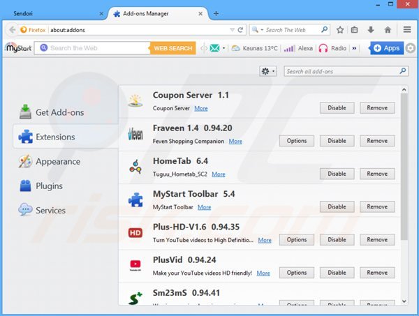 Rimuovere Sendori da Mozilla Firefox step 2