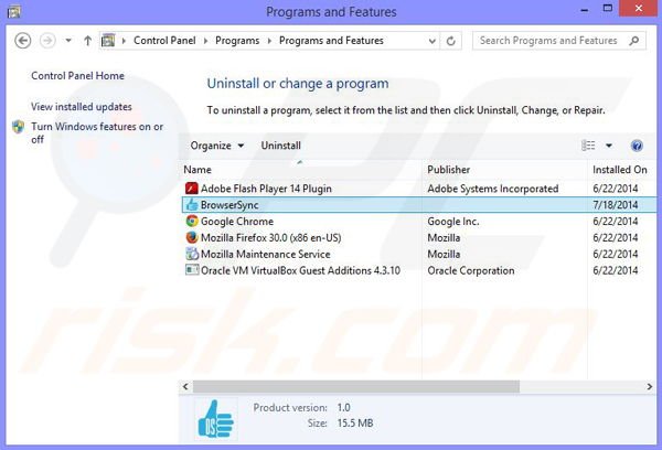 BrowserSync adware rimozione dal pannello di controllo