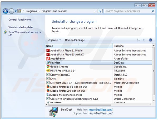 dealgest adware rimozione dal pannello di controllo