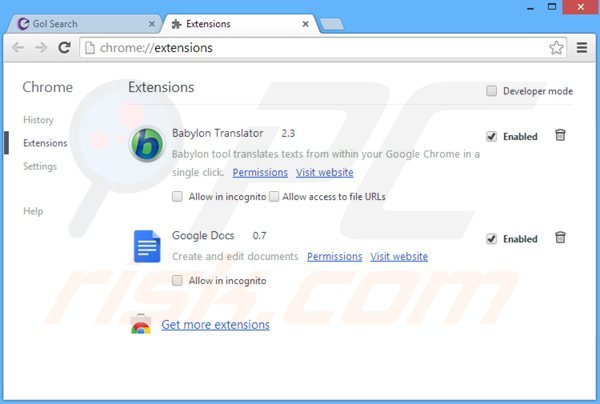 Rimuovere GolSearch.com dalle estensioni di Google Chrome