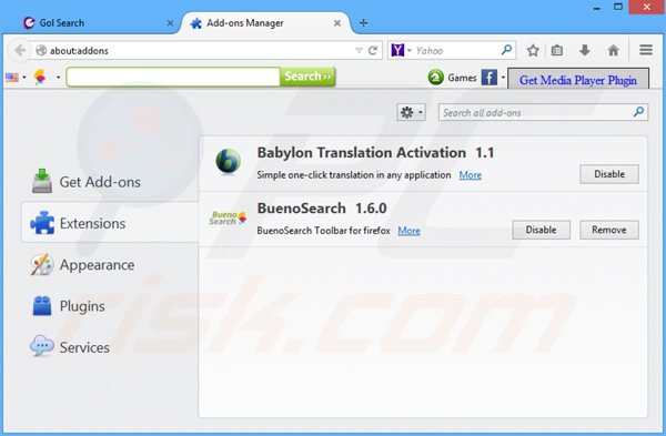 Rimuovere GolSearch.com dallee stensioni di Mozilla Firefox