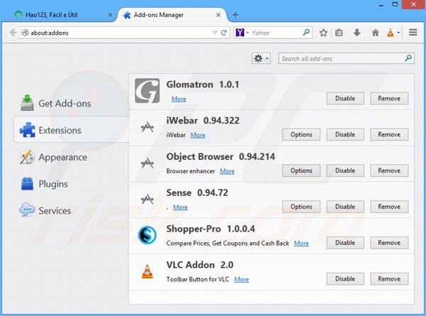 Rimuovere hao123.com dai componenti aggiuntivi di Mozilla Firefox