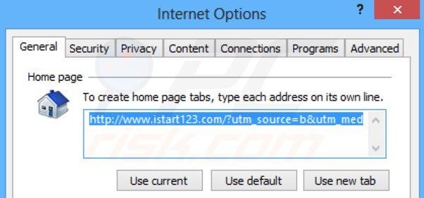 Rimuovere istart123.com dalla Internet Explorer homepage