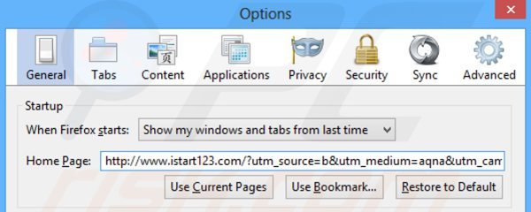 Rimuovere istart123.com da Mozilla Firefox homepage