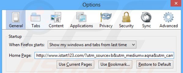 Rimuovere istart123.com da Mozilla Firefox homepage