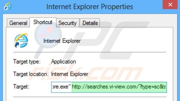 Rimuovere searches.vi-view.com dal collegamento rapido a Internet Explorer step 2