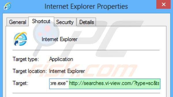 Rimuovere searches.vi-view.com dal collegamento rapido a Internet Explorer step 2