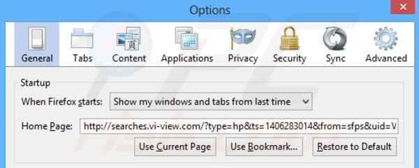 Rimuovere searches.vi-view.com dalla Mozilla Firefox homepage