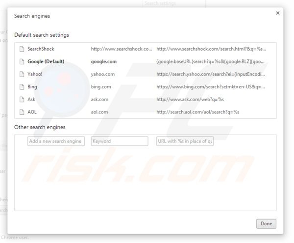 Rimuovere searchshock.com browser hijacker dalla Google Chrome default search engine