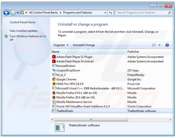 TheBestDeals adware rimozione dal pannello di controllo