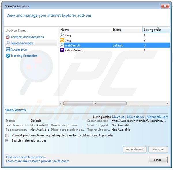 Rimuovere websearch.wonderfulsearches.info dal motore di ricerca di Internet Explorer 