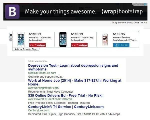 browser shop ads che appaiono in vari siti