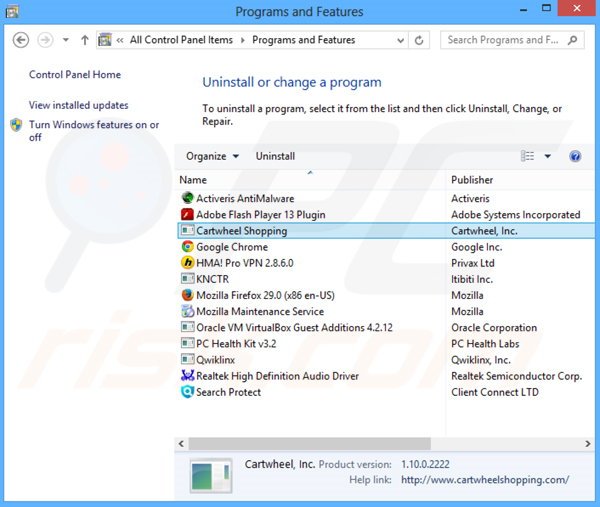 Cartwheel Shopping adware rimozione dal pannello di controllo