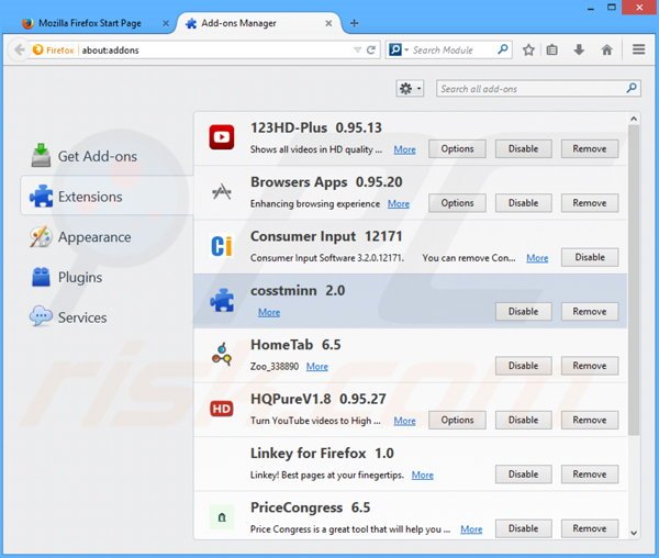 Rimuovere cosstminn ads da Mozilla Firefox step 2