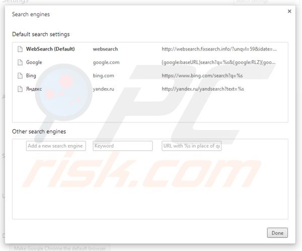 Rimuovere websearch.fixsearch.info dal motore di ricerca di Google Chrome 