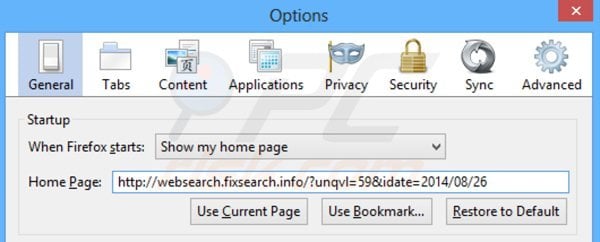 Rimuovere websearch.fixsearch.info dalla Mozilla Firefox homepage
