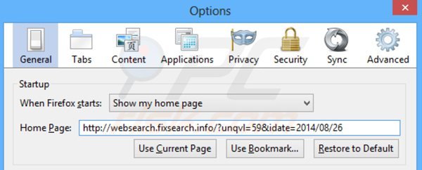 Rimuovere websearch.fixsearch.info dalla Mozilla Firefox homepage