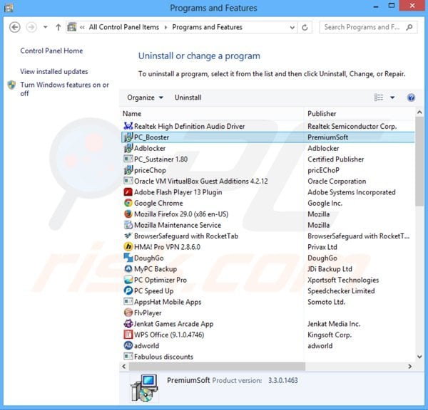 websearch.fixsearch.info browser hijacker rimozione dal pannello di controllo.