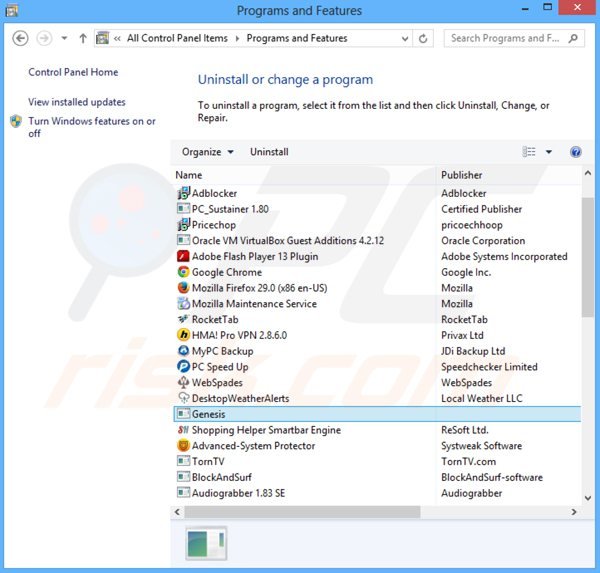 genesis adware rimozione dal pannello di controllo