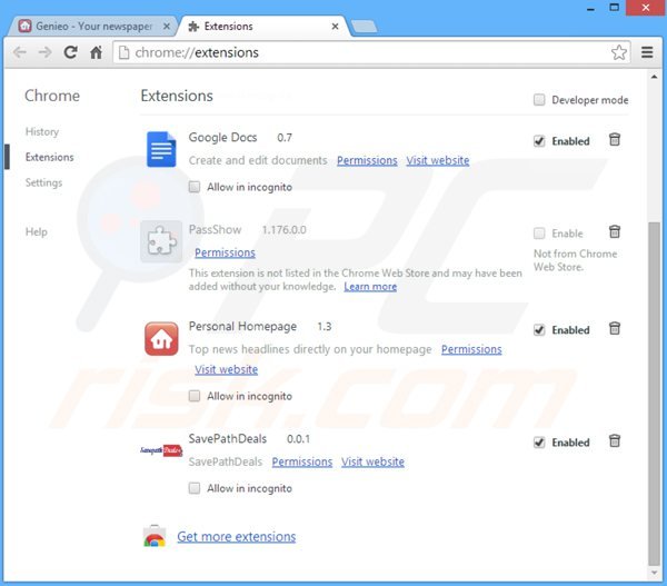 Rimuovere search.genieo.com dai componenti aggiuntivi di Google Chrome