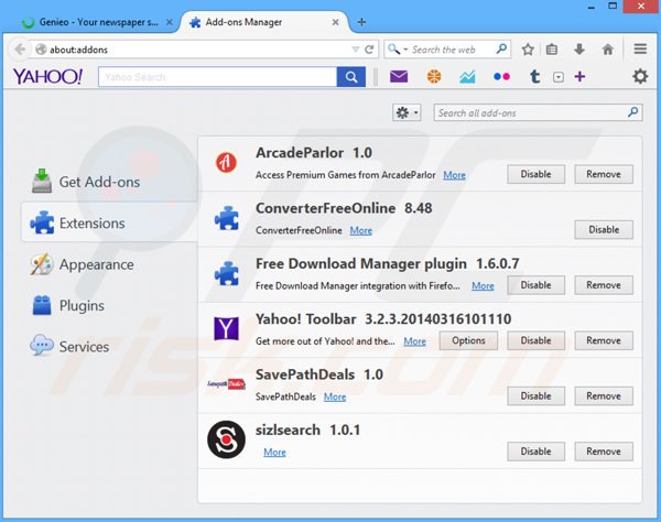 Rimuovere search.genieo.com dai componenti aggiuntivi di Mozilla Firefox