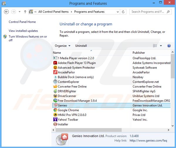 search.genieo.com browser hijacker rimozione dal pannello di controllo