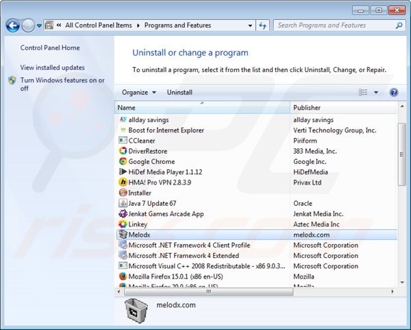 Melodx adware rimozione dal pannello di controllo