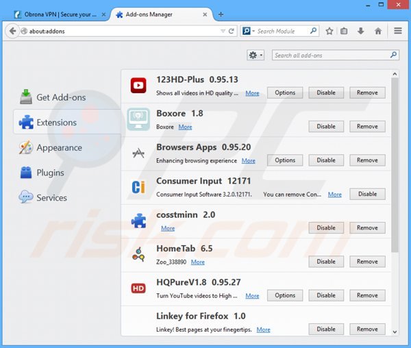 Rimuovere Obrona VPN da Mozilla Firefox step 2