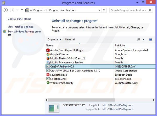 OneSoftPerDay adware rimozione dal pannello di controllo