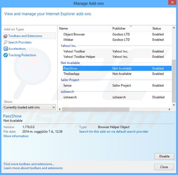 Rimuovere PassShow ads da Internet Explorer step 2