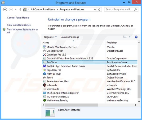 PassShow adware rimozione dal pannello di controllo