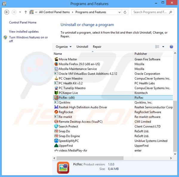 picrec adware rimozione dal pannello di controllo