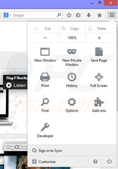 Rimuovere Play now Radio ads da Mozilla Firefox step 1