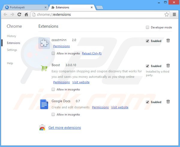 Rimuovere portalsepeti.com dalle estensioni di Google Chrome