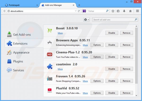 Rimuovere portalsepeti.com dai componenti aggiuntivi di Mozilla Firefox