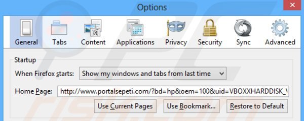 Rimuovere portalsepeti.com dalla Mozilla Firefox homepage