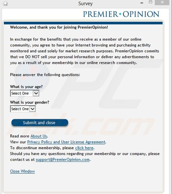 PremierOpinion adware mentre genera sondaggi intrusivi