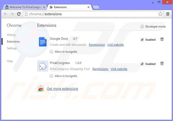 imuovere PriceCongress ads da Google Chrome step 2