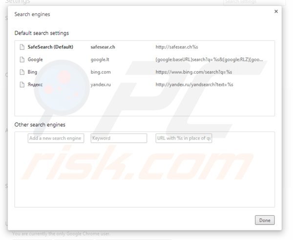 Rimuovere safesear.ch dal motore di ricerca di Google Chrome