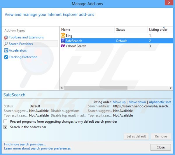 Rimuovere safesear.ch dal motore di ricerca di Internet Explorer