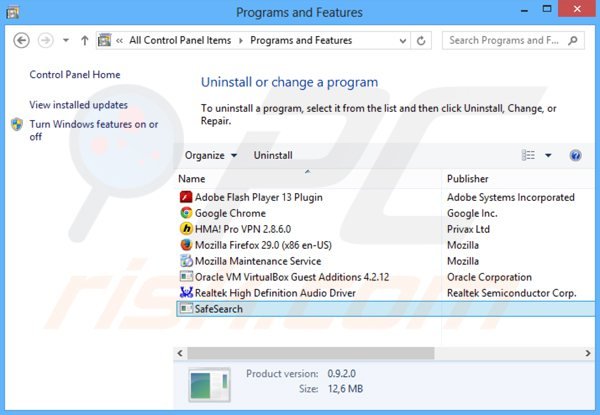 safesear.ch browser hijacker rimozione dal pannello di controllo